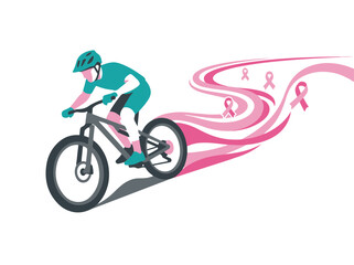 Fototapeta premium Biker Actively Cycling with Flowing Pink Ribbons for Breast Cancer Awareness Campaign Illustration