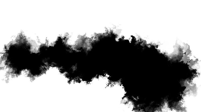 Black smoke cloud on white background spreading ink texture, soft gray edges, dramatic abstract shape. for transition videos, reveal effects, horror intros, ink overlays, cinematic motion graphics.