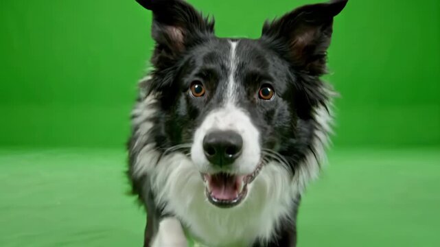 A playful Border Collie dog running fast towards the camera on a bright green screen background for chroma key compositing
