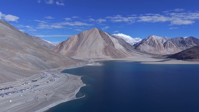 Aerial View of Pangong Lake and Himalayan Mountains, Ladakh, India