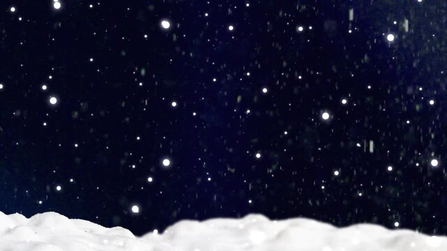 Falling snow at night over a snowy ground. Winter weather background with white snowflakes.