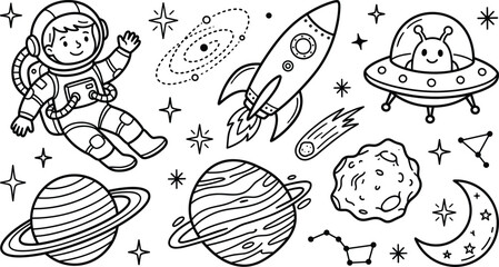 Outer space astronaut and alien doodle icon set vector illustration with rocket ship planets ufo stars and moon © Mst