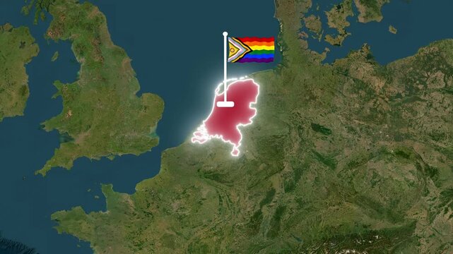 3D Satellite Map Zoom to Netherlands with Glowing Border and LGBTQ Progress Pride Flag