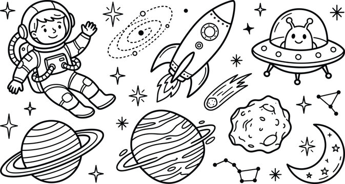 Outer space astronaut and alien doodle icon set vector illustration with rocket ship planets ufo stars and moon
