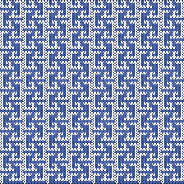Seamless Geometric Knitting Pattern with Blue and White Maze Grid