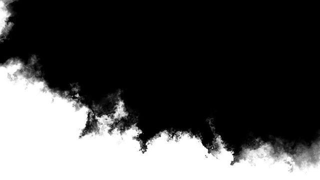 Black smoke edge background cloudy ink spreading across white space, smoky border texture, dramatic contrast. transition videos, title reveals, horror intros, grunge overlays, motion effects.