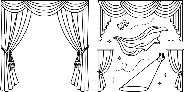 Theater stage curtains line art vector collection featuring luxury drapes comedy tragedy masks spotlight and flowing fabric elements.