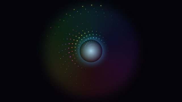 Coil Vortex Of Rainbow Glowing Dots Forming Spiral On Black Background