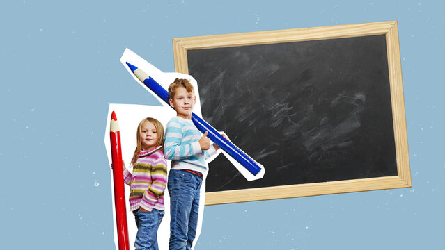 Two children with XXXL pencils, ready to go back to school. Isolated on free png background.