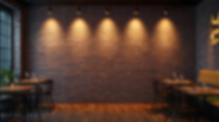 Fototapeta premium Cozy restaurant interior with brick wall and warm lighting.
