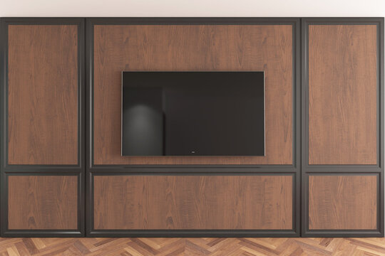 Modern Smart TV Mockup on Wooden Classic Wainscoting Wall Interior. 22