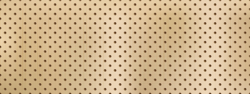 Pegboard texture with round peg holes on pale wood board. Neutral beige perforated panel background for workshop organizer wall. Subtle nude vector pattern of empty pegboard with peg shadows