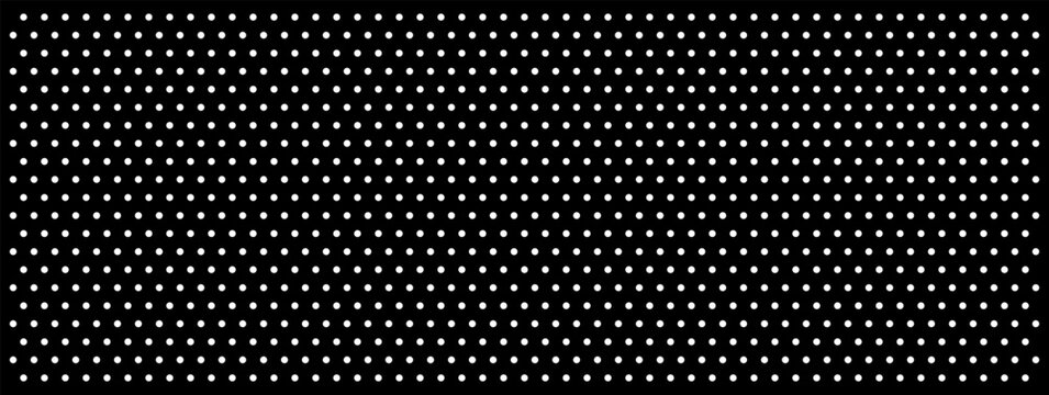 Dark perforated plate with white polka dots on black background. Mesh wall pattern with holes for speaker screen design. Monochrome vector grid of perforated steel plate and circle rows