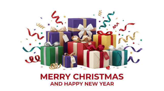 Colorful gift boxes with ribbons and confetti for merry christmas isolated on transparent background