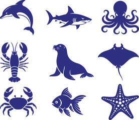 Fototapeta premium Collection of isolated navy blue marine animal icons including a dolphin shark octopus crab lobster seal stingray goldfish and starfish