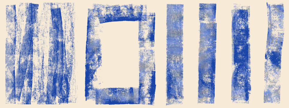 Blue paint roller ink texture with print and grunge stamp for bright presentation layout. Scratch frame letterpress rectangle with linocut border. Vector blue paint set with navy stripe elements