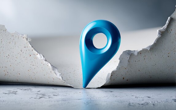 Blue map marker icon pushed through broken white wall concrete surface gap concept