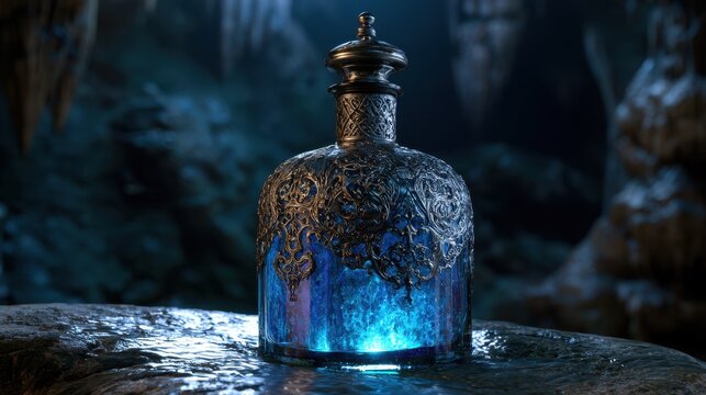 Glowing magic potion bottle in dark cave. Fantasy elixir concept.