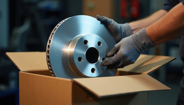 Mechanic wearing protective gloves removes shiny metal brake disc from cardboard box in garage shop. Professional technician inspects new automobile part for car repair. Expert worker prepares high
