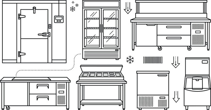 Commercial kitchen refrigeration equipment freezer fridge ice maker counter line art vector icon collection for restaurant catering
