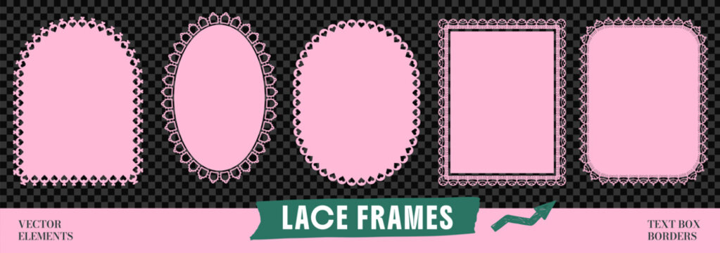 Elegant lace frames with scallop border pattern for text box. Cute oval and rectangle shapes, floral heart edge in pink. Vector frame set on dark checkered bg as transparent png