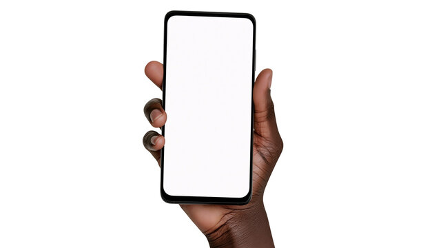 Dark skin hand holding modern smartphone with blank white screen
