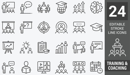 Training and coaching line icon set. Editable Stroke. Coach, mentoring, conference, motivation, potential, mentor, skill - stock vector. © Zilkasun