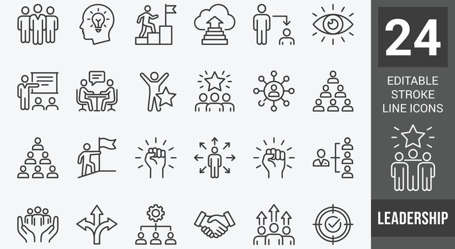 Leadership line icon set. Editable Stroke. Leader, team, direction, confidence, vision - stock vector.