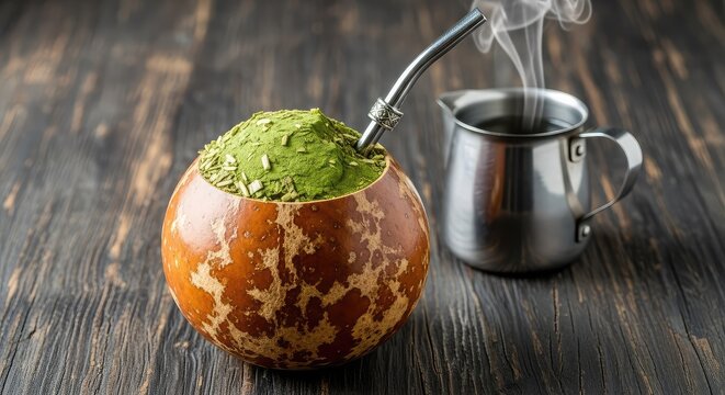 An authentic calabash gourd filled with loose leaf yerba mate tea sits on a textured dark wood table beside a metal straw and hot water, macro, raw, bombilla
