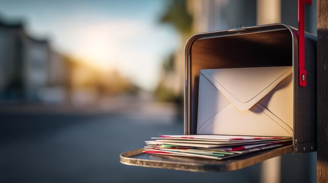 Open mailbox with stack of letters and single envelope in residential street morning