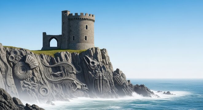 Ancient stone tower perches on a dramatic cliffside above a misty sea, where massive prehistoric fossils are embedded in the steep rocks, cliff, giant, scenic