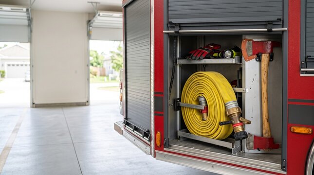 Fire truck compartment with yellow hose and firefighting tools visible  