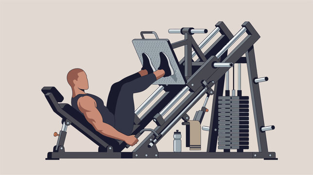 Vector illustration of a professional male athlete performing a heavy leg press exercise on a gym machine, highlighting muscle engagement in quads and hamstrings during a workout.