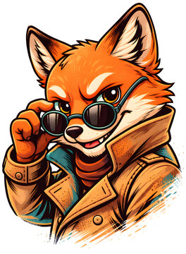 Smart fox detective mascot wearing trench coat isolated on transparent background retro sticker for mystery book apparel merchandise branding print