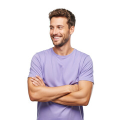 Obraz premium A smiling man with his arms crossed, wearing a lilac t-shirt and standing against a white background.