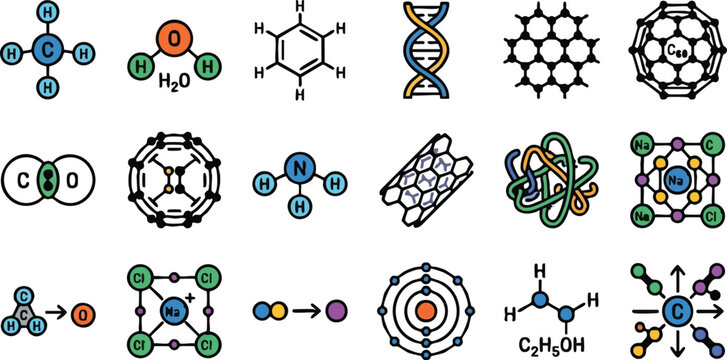 Molecular structure icon set, chemistry science vector elements, 18 colorful laboratory symbols for education and research design