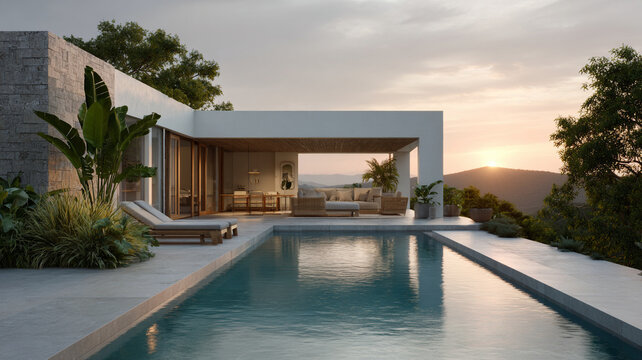 Tropical villa infinity pool contemporary architecture sunset sky mountain view luxury patio glass door outdoor lounge, tranquil resort home with