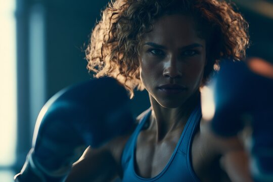 Powerful female boxer with intense gaze wearing blue gloves in a dark gym, embodying strength and determination.
