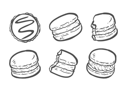 Macaron doodle set. Collection of biscuit hand drawn illustration. Sweet dessert vector elements. Line art of macaron cake flavor with vanilla cream, strawberry, chocolate blueberry, orange.
