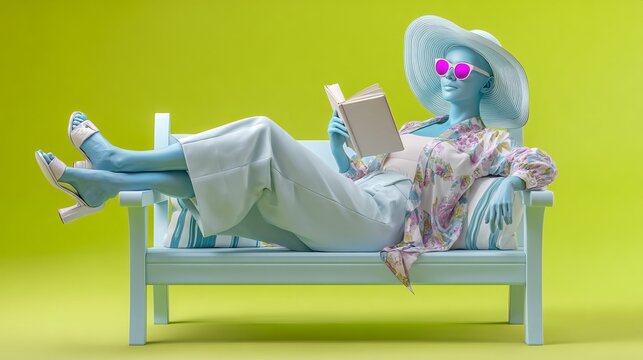 Blue mannequin relaxing reading book on bench with hat and sunglasses