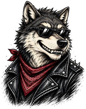 Cool biker wolf mascot wearing leather jacket and red bandana isolated on transparent background badass sticker for motorcycle club apparel merchandise branding print