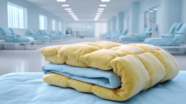 Clean yellow blanket folded on blue sheet in bright modern hospital ward