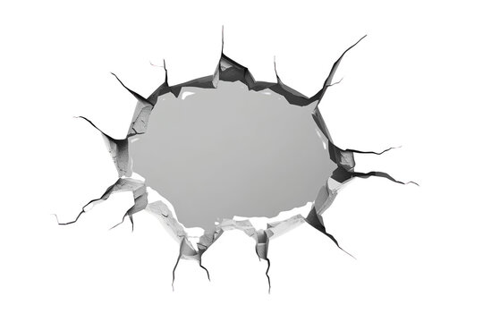 Concrete wall breaking with explosive impact, revealing a shattered hole and destructive damage, transparent background