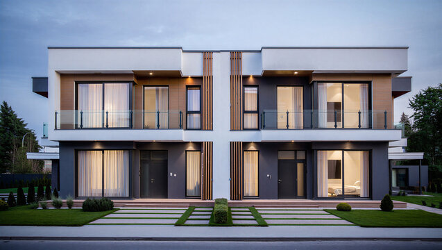 Contemporary duplex exterior design at dusk with illuminated living spaces real estate exterior
