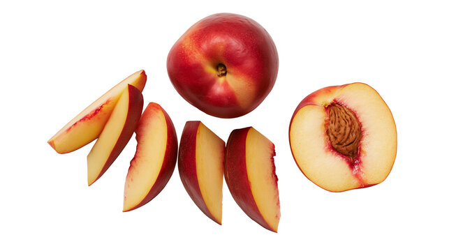 Whole and sliced nectarines with red skin and yellow flesh