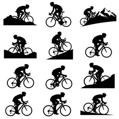Fototapeta premium Matrix Icon Set of Cyclists and Biker Silhouettes Climbing Hills