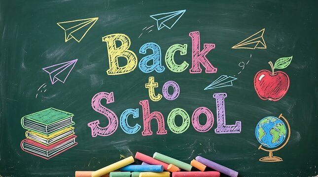 Colorful back to school chalk lettering on green chalkboard with supplies chalkboard education handwriting learning classroom academic colorful