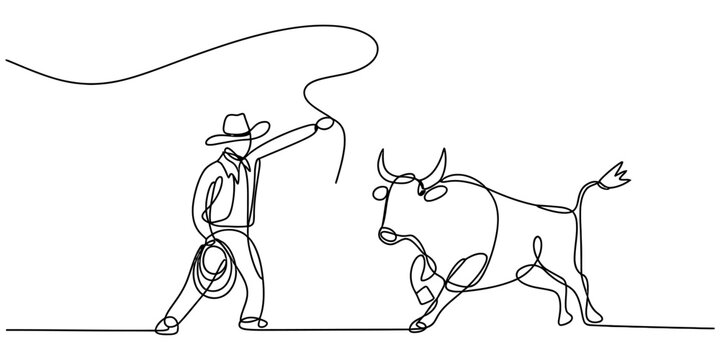 Continuous single line drawing of a cowboy with a lasso chasing a bull on a white background Vector, illustration