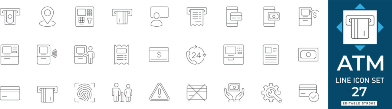 ATM line icon set featuring automated teller machine, cash withdrawal, credit card, bank transaction, and digital payment. Professional editable outline
