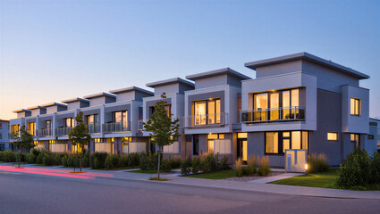 Obraz premium Modern row house residential complex exterior at twilight with glowing warm interior lighting
